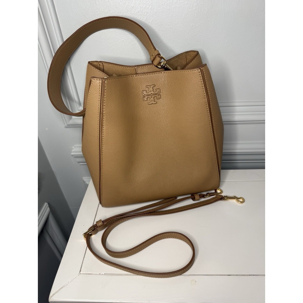 Tory Burch Tan Bucket Bag with Logo, Detachable Adjustable Strap, Gold Hardware